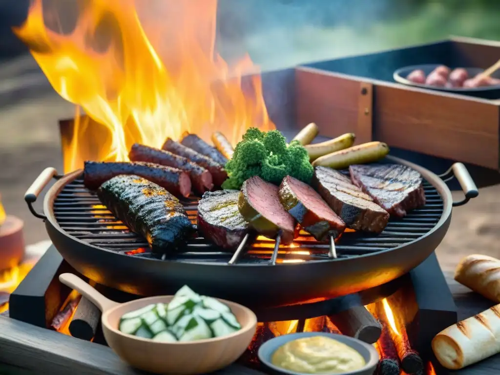 Disfruta de la tradición del asado uruguayo con una parrilla llena de sabrosas carnes y acompañamientos en el campo