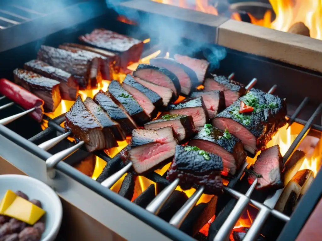 Un asado uruguayo en una parrilla tradicional con carnes jugosas, chimichurri y vino Tannat, capturando la esencia de un festín típico en Uruguay