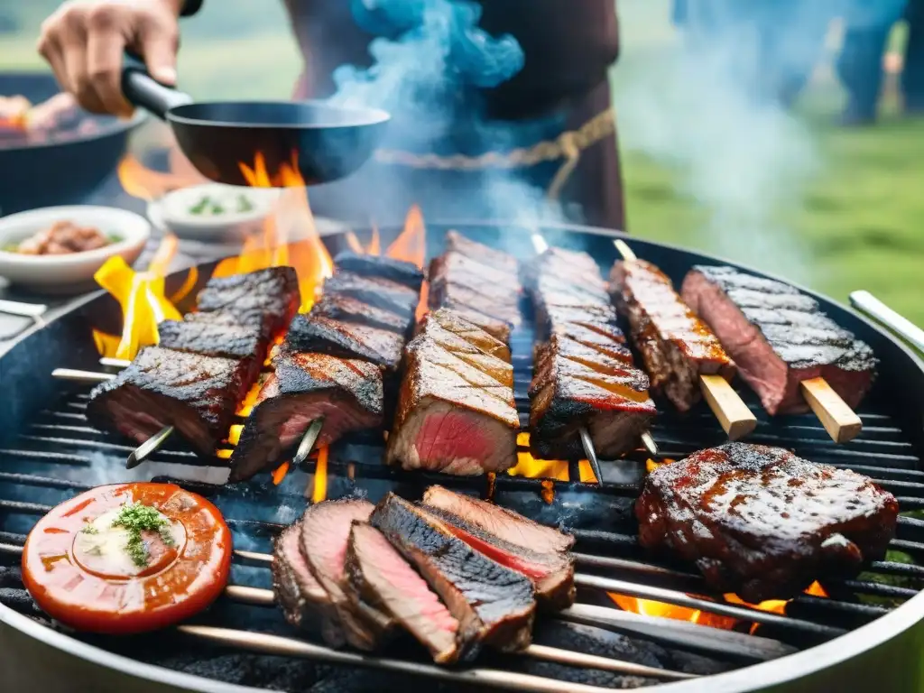 Un asado uruguayo en una parrilla tradicional rodeada de pampas verdes, bajo un cielo azul