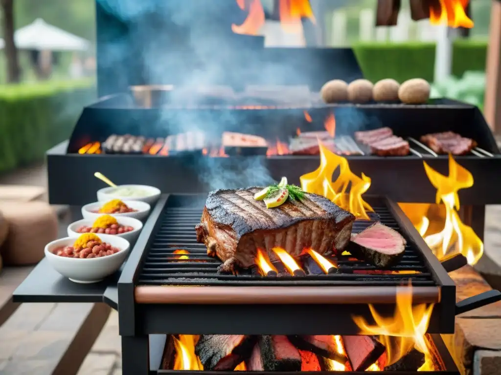 Un asado uruguayo en una parrilla tradicional rodeada de amigos y vegetación, reflejando las tendencias asado uruguayo parrilla