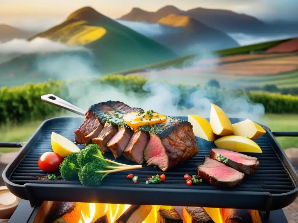 Un asado uruguayo en parrilla tradicional con todo detalle en el campo