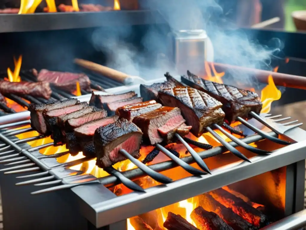 Un asado uruguayo en una parrilla tradicional con cortes de carne, chorizos y morcillas, cocinado por un chef experto