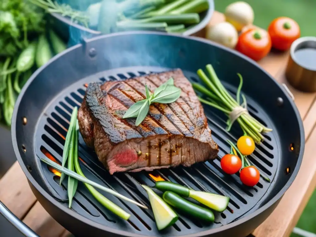 Un asado uruguayo en parrillas híbridas bajo las estrellas, con amigos disfrutando la deliciosa parrillada