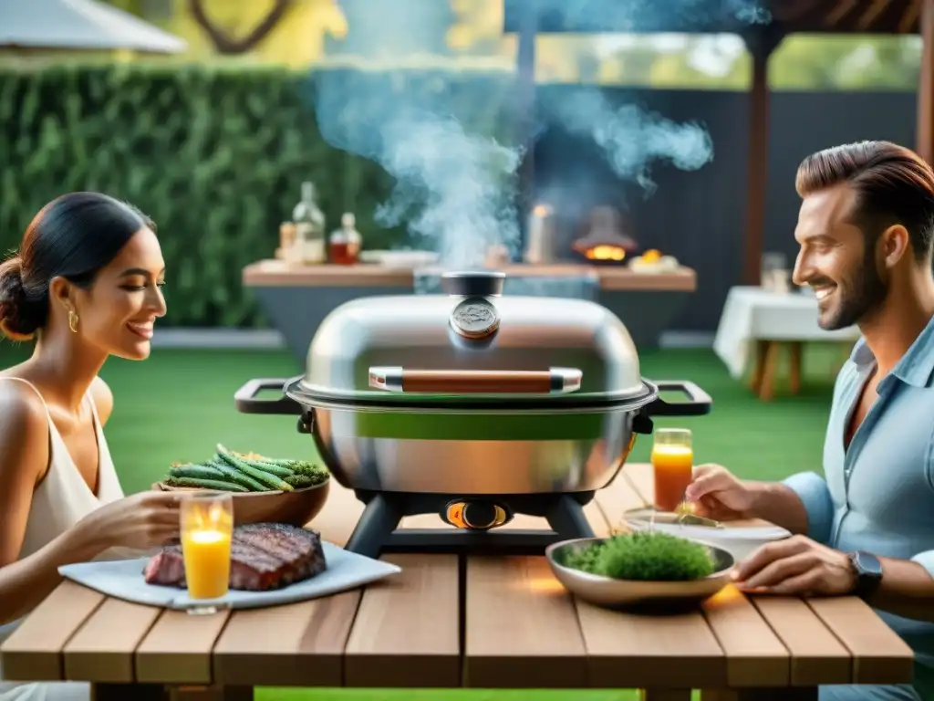 Un asado uruguayo en parrillas híbridas: amigos disfrutan en el jardín mientras la parrilla moderna emana humo y sabor