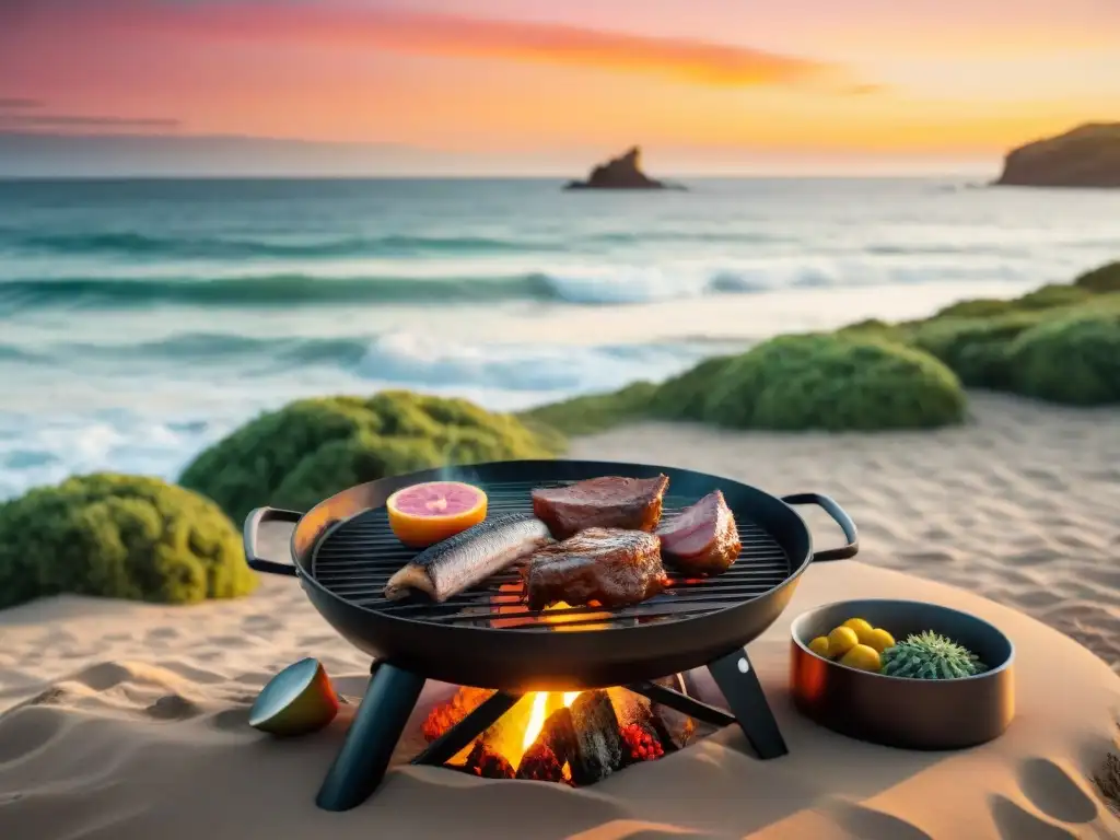 Un asado uruguayo con parrillas portátiles de calidad en una playa serena al atardecer