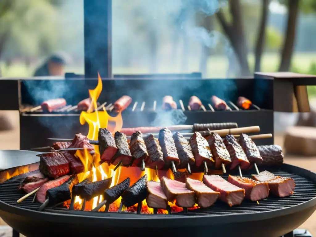 Un asado uruguayo perfecto con achuras variadas cocinándose sobre las brasas, en un entorno rústico con amigos ansiosos por disfrutar