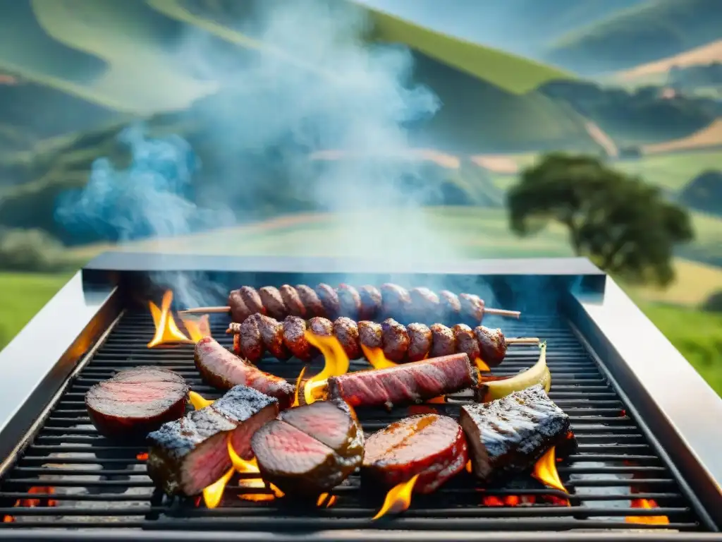 Un asado uruguayo perfecto con chorizo, morcilla y cortes jugosos, en un entorno campestre