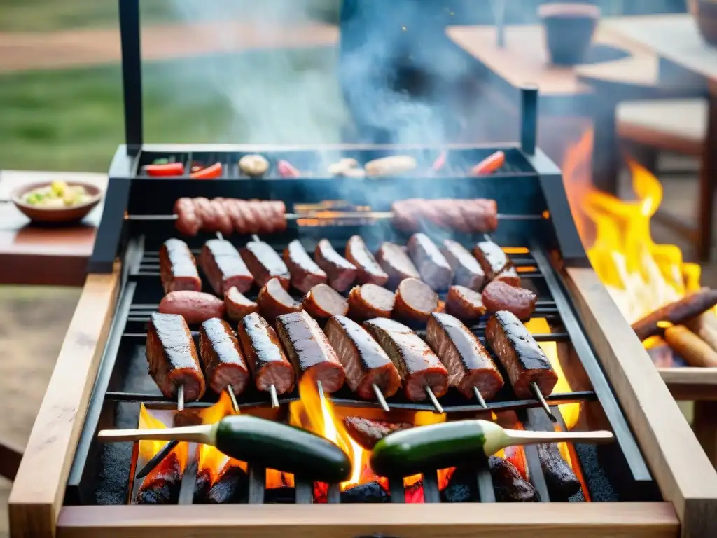 Asado uruguayo: parrilla de ensueño con cortes perfectos y llamas danzantes Un asado uruguayo perfecto con cortes de carne, chorizos y vegetales, cocinándose sobre las llamas en un ambiente cálido y tradicional