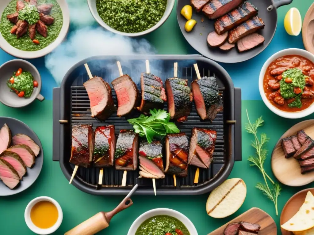 Delicioso asado uruguayo en paisaje campestre Un asado uruguayo perfecto con cortes cocinados a la perfección, rodeados de chimichurri en un paisaje campestre