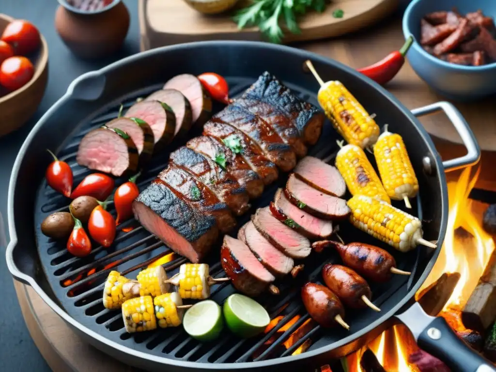 Un asado uruguayo perfecto con entraña, vacío y chorizos en la parrilla, rodeado de vegetales a la parrilla