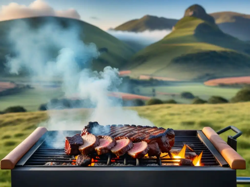 Un asado uruguayo perfecto con jugosas costillas, chorizos y tiernos cortes, rodeado de accesorios gauchescos y paisaje campestre