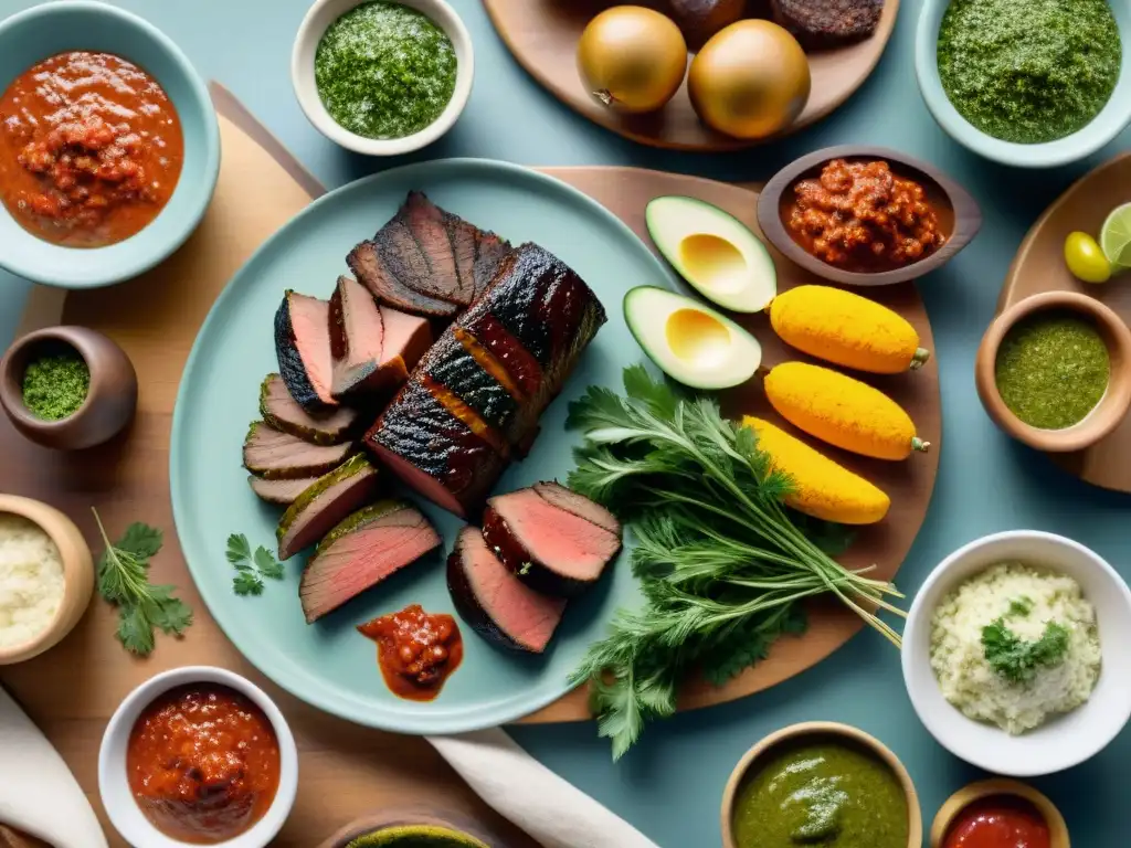 Un asado uruguayo perfecto con vibrantes salsas criollas, rojas y chimichurri