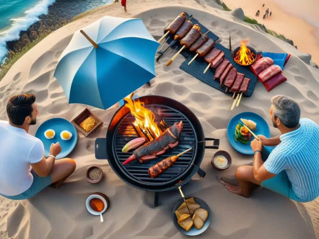 Reunión alrededor de un asado uruguayo en la playa de Maldonado, reflejando la rica historia culinaria y la comunidad