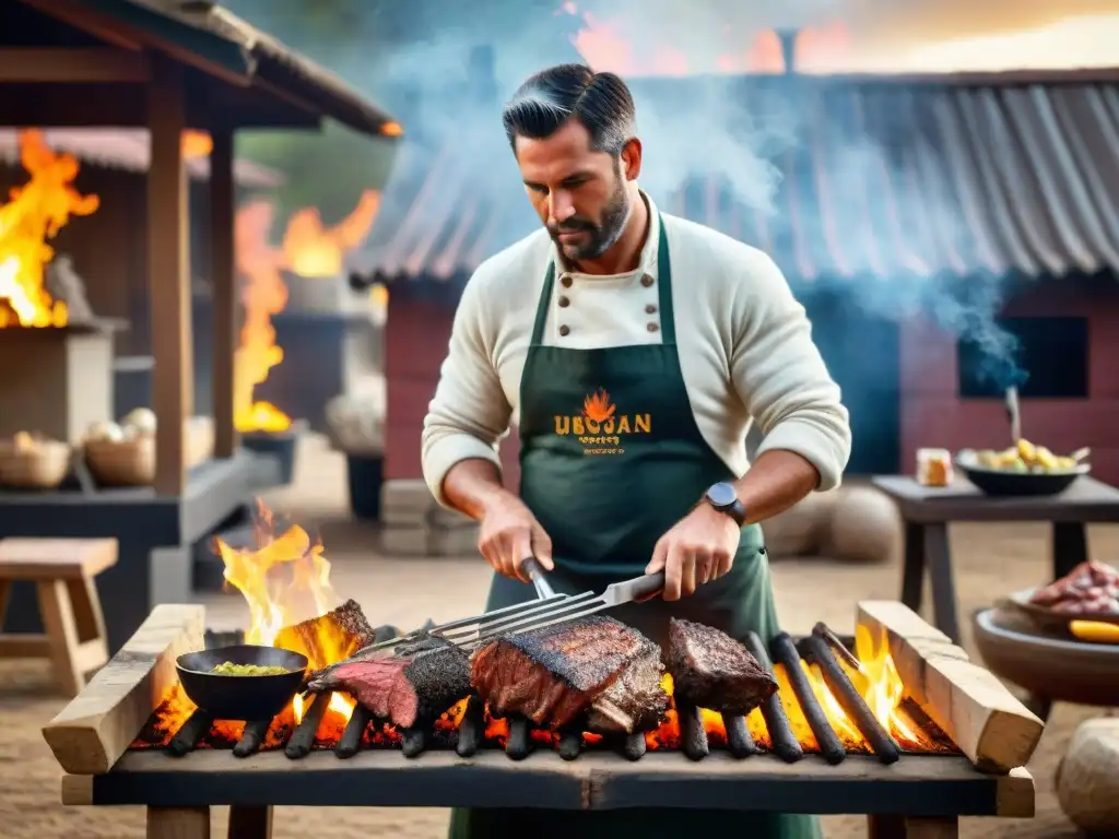 Un asado uruguayo en pleno apogeo, con un hábil asador manejando técnicas de asado uruguayo sobre la parrilla de leña