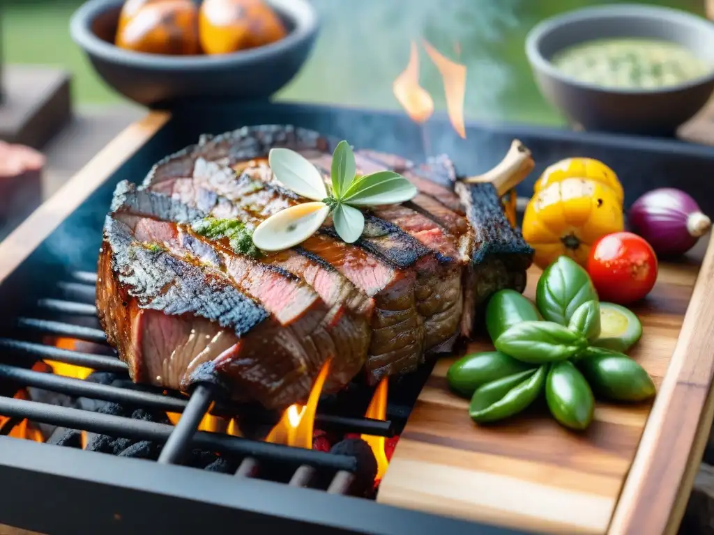Asado uruguayo premium: cortes de carne a la parrilla Un asado uruguayo premium en un evento de marca con una parrilla cargada de cortes jugosos y chorizos, rodeada de una escena festiva y colorida