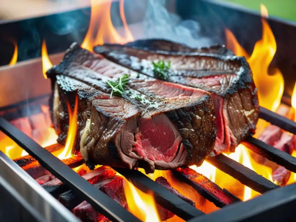 Un asado uruguayo perfectamente preparado en una parrilla tradicional, evocando la dieta cardiosaludable con asado uruguayo