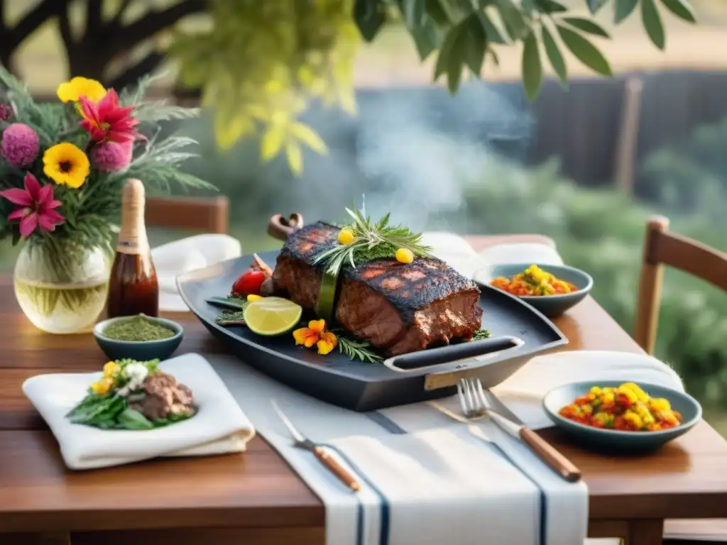 Un asado uruguayo con presentación tradicional rodeado de naturaleza vibrante