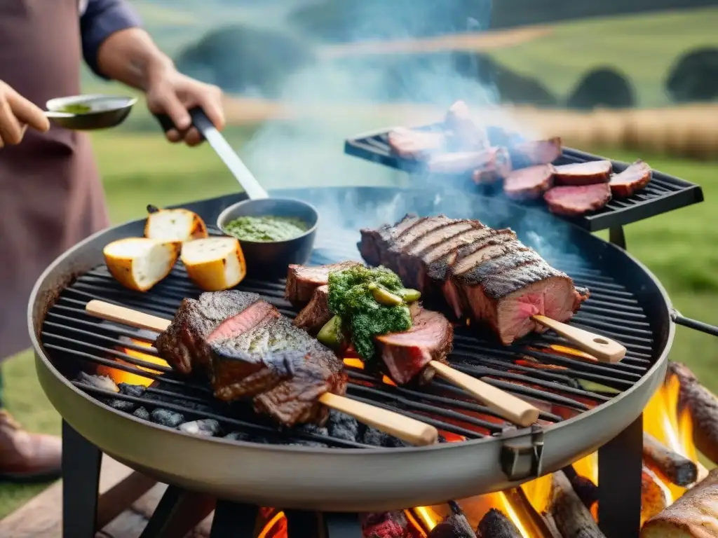 Un asado uruguayo en progreso, con carnes sizzling en la parrilla sobre brasas, amigos y familia compartiendo risas y 'Secretos del asado uruguayo'