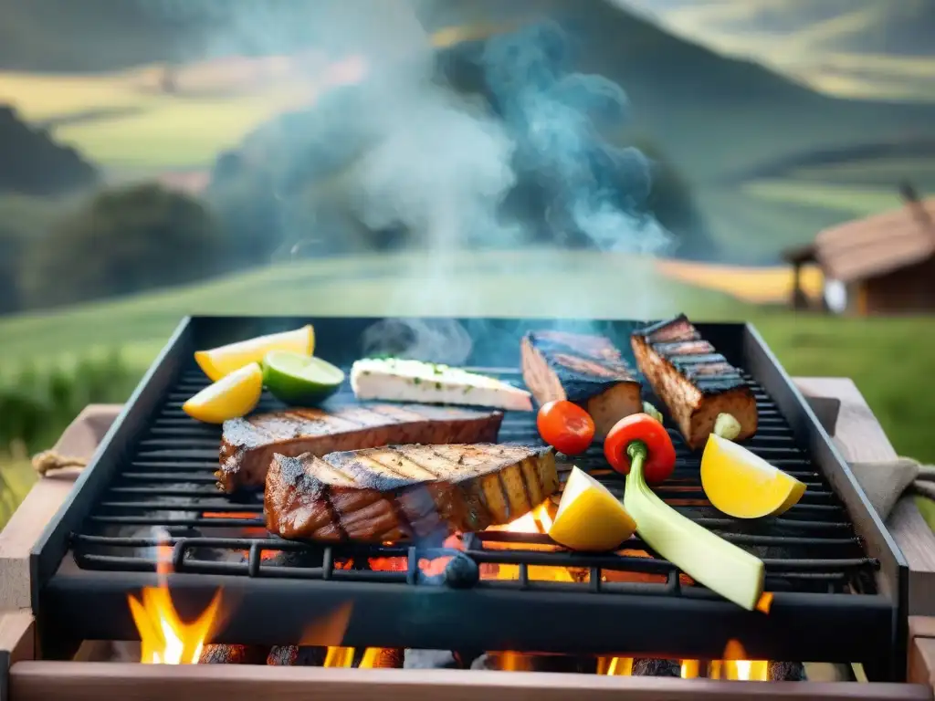 Un asado uruguayo con proteínas alternativas como tofu y seitan, cocinándose en una parrilla al aire libre