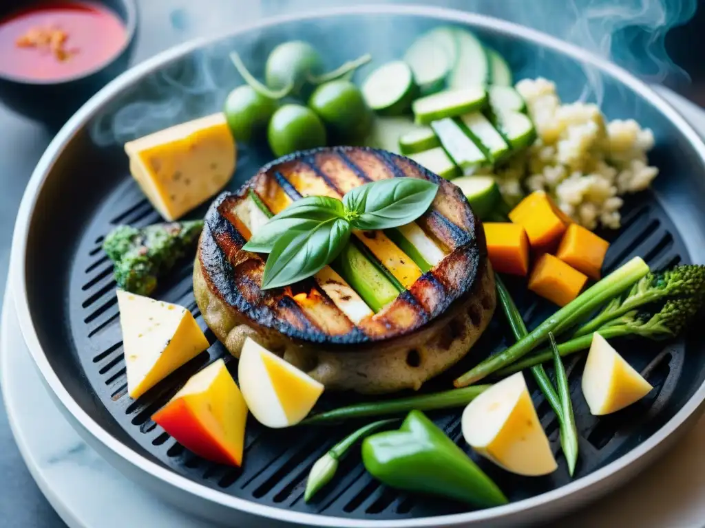 Un asado uruguayo con queso vegetal: coloridas verduras y quesos fundidos en una parrilla humeante y tentadora