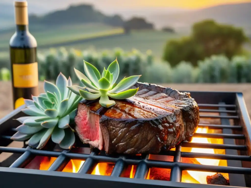 Un asado uruguayo de ribeye en una parrilla, rodeado de vinos de todo el mundo, viñedos al atardecer