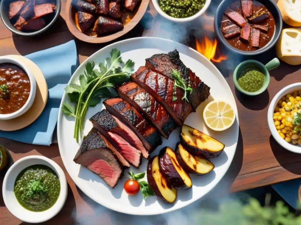 Un asado uruguayo rústico con cortes de carne y guarniciones tradicionales