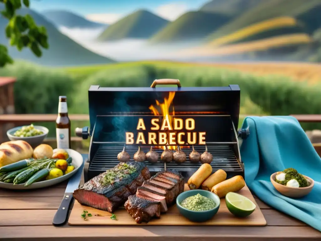 Un asado uruguayo rústico con maridajes de cervezas artesanales locales, bajo el cálido sol de Uruguay