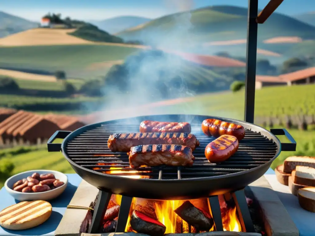 Un asado uruguayo con sabores portugueses, chorizos, churrasco y mollejas sobre brasas en un paisaje campestre