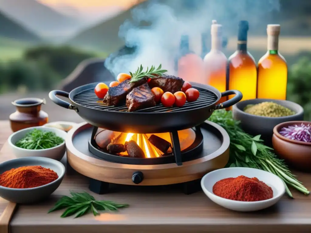 Un asado uruguayo con salsas premium en un entorno exquisito al atardecer