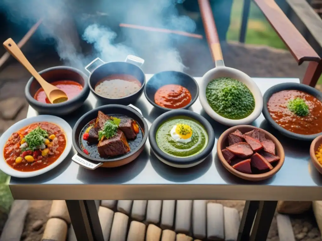 Un asado uruguayo con salsas regionales en ollas de barro artesanales, resaltando colores y texturas vibrantes