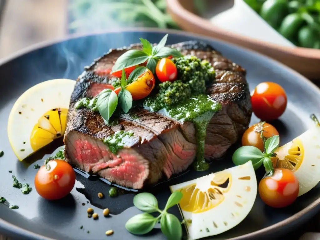 Un asado uruguayo saludable: corte magro de carne con chimichurri verde sobre parrilla moderna, tomates y hierbas frescas