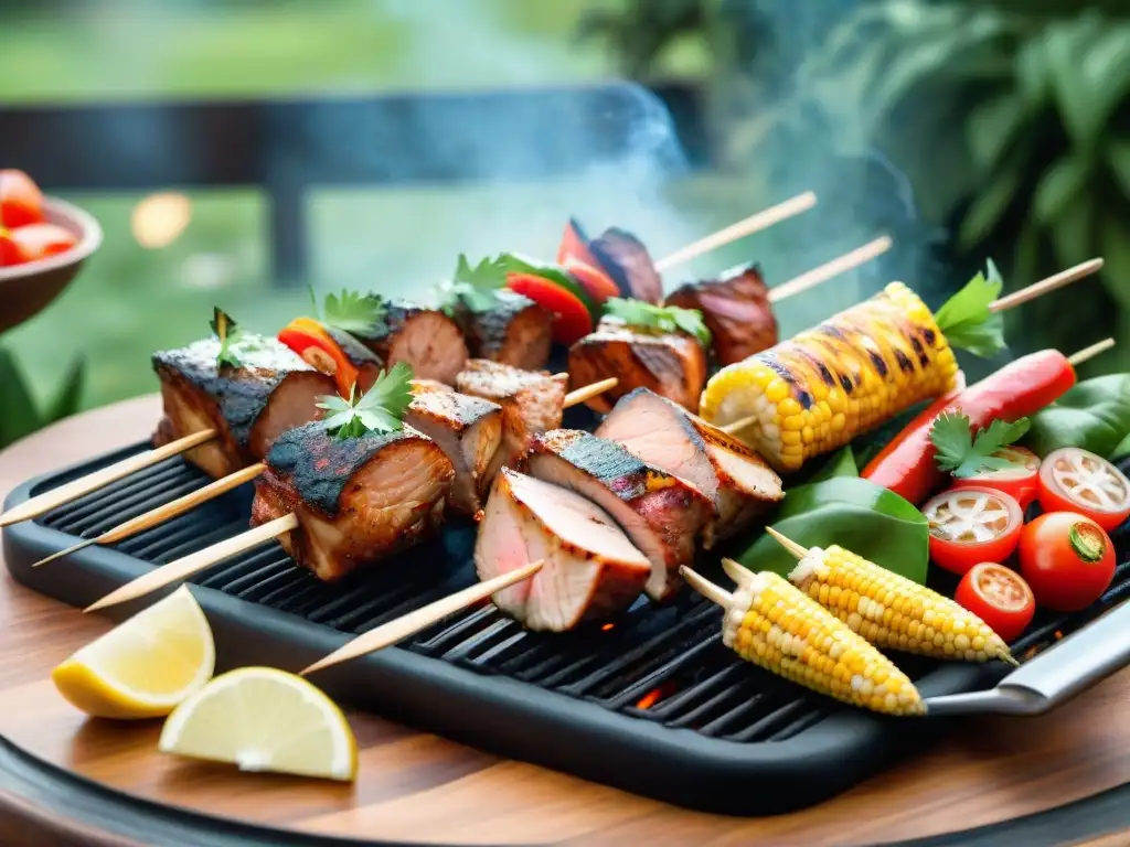 Un asado uruguayo saludable con pollo, pavo y salmón a la parrilla, rodeado de vegetales coloridos y humo tentador