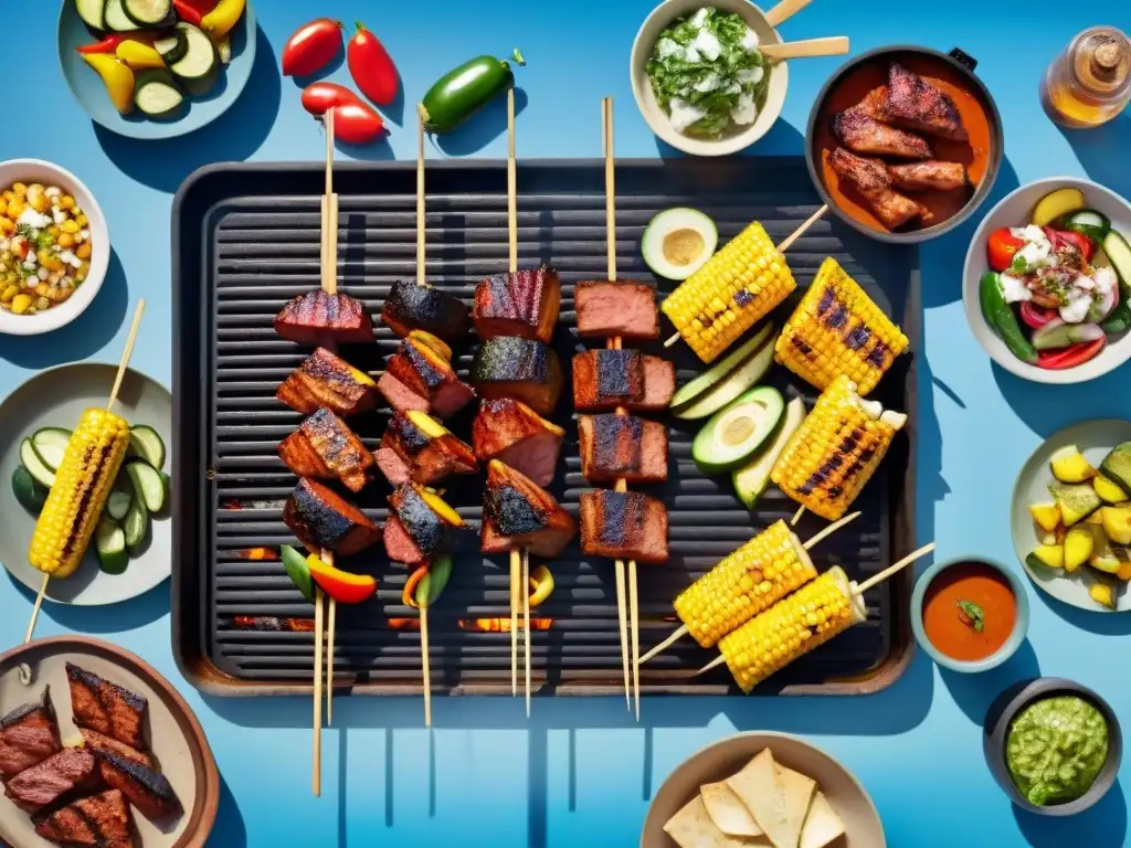 Un asado uruguayo saludable rodeado de vegetales a la parrilla, disfrutado en comunidad bajo el cielo azul