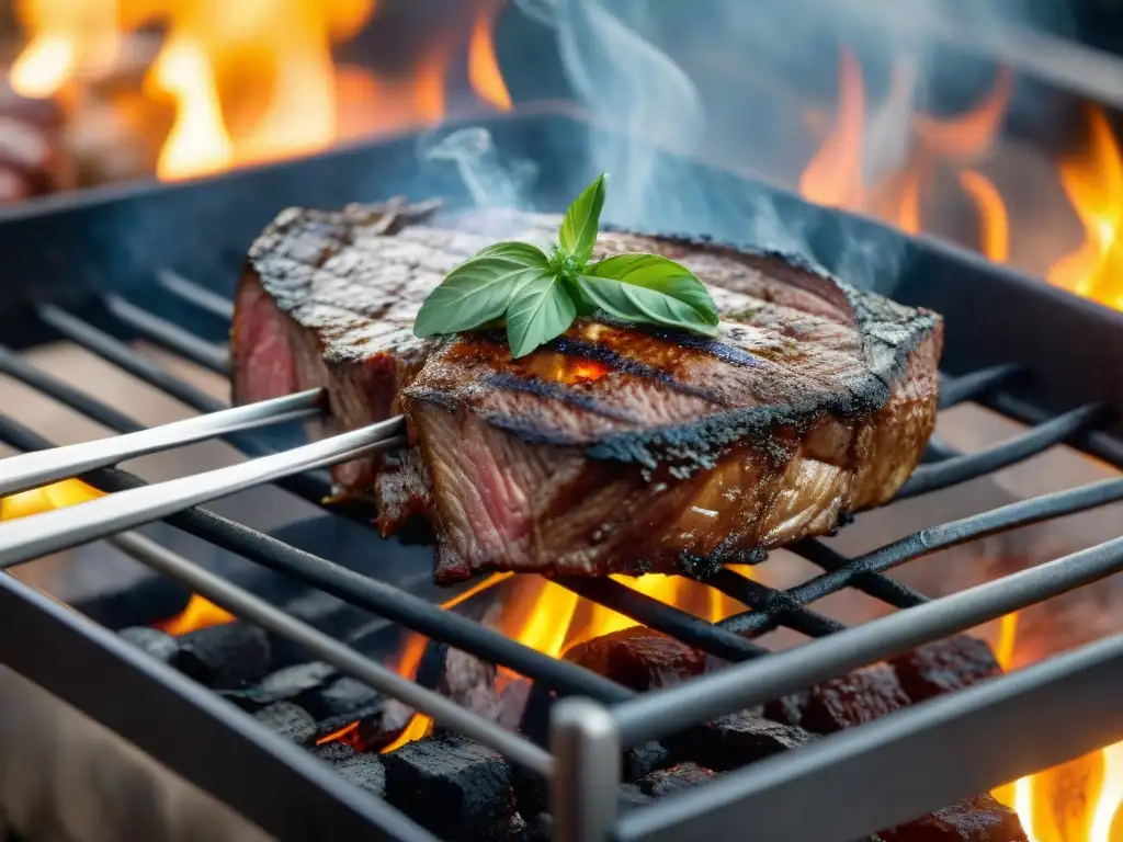 Un asado uruguayo perfectamente sellado en la parrilla, sostenido por pinzas de precisión