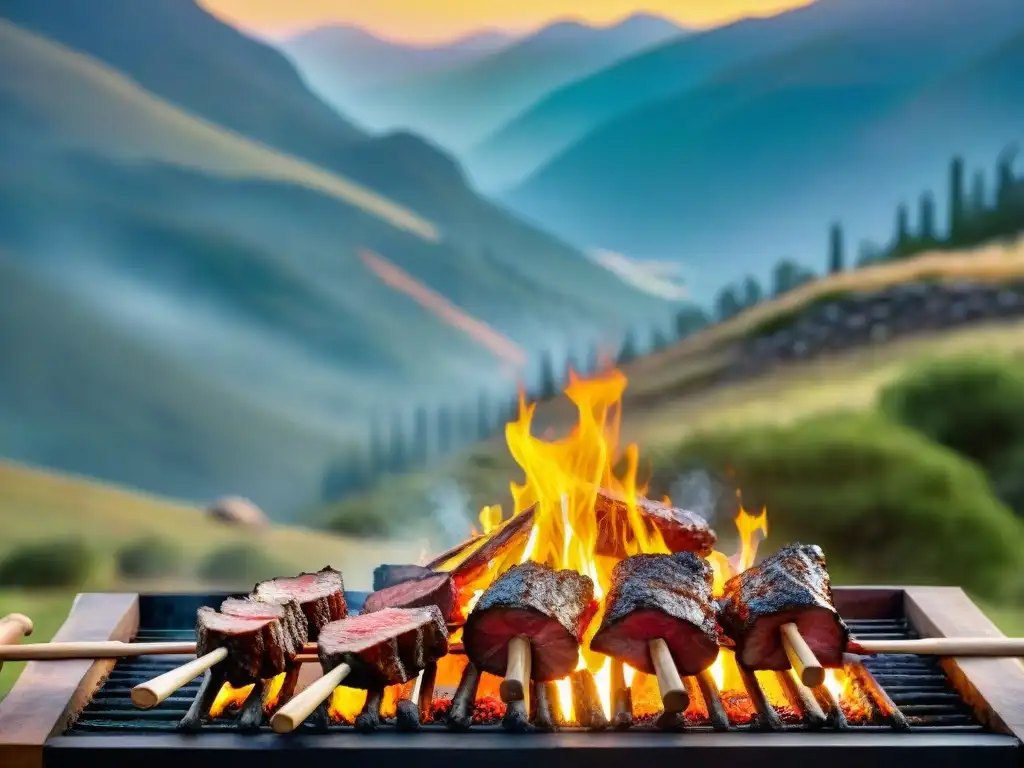 Un asado uruguayo en las sierras: amigos y familia disfrutan de una parrillada al aire libre con carne a la parrilla y un atardecer dorado