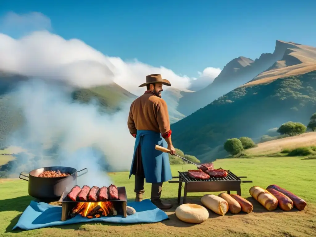 Un asado uruguayo en las sierras: amigos y familia disfrutan de la parrilla al aire libre, rodeados de naturaleza y buena compañía