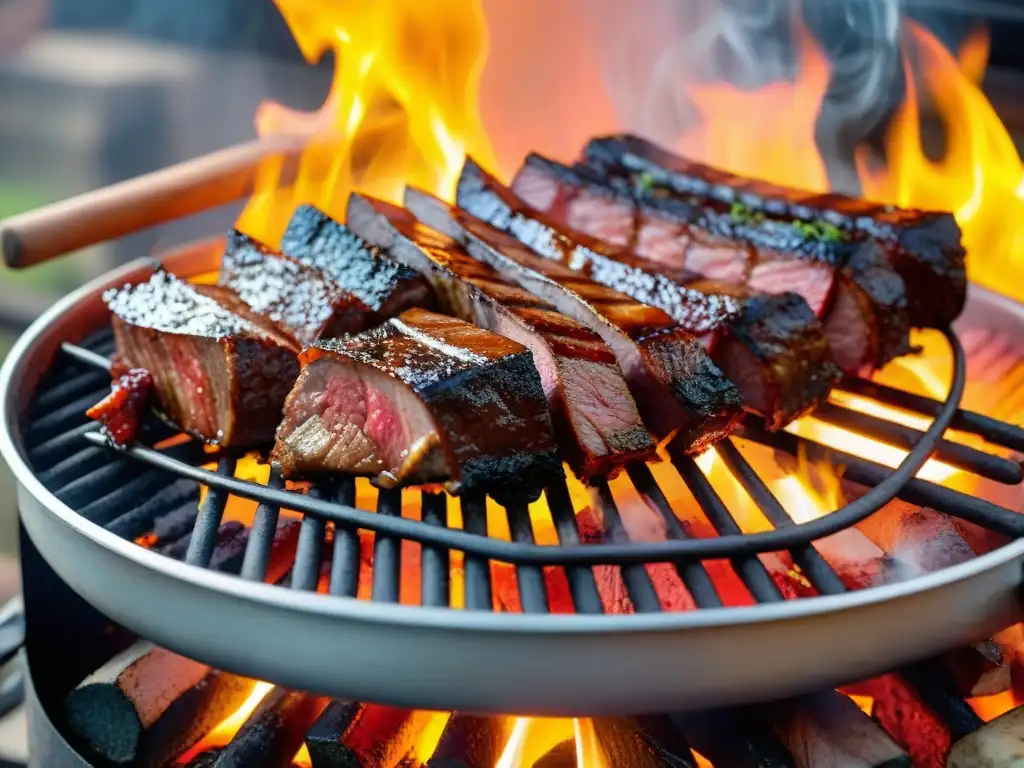 Un asado uruguayo sizzling con maridaje tannat, rodeado de cortes jugosos y fuego