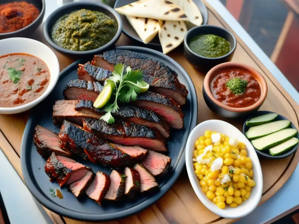 Un asado uruguayo sizzling con variedad de carnes a la parrilla y chimichurri