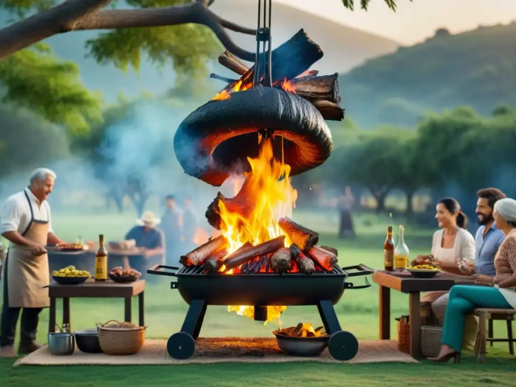 Un asado uruguayo sostenible en el campo: diversidad, carne a la parrilla, humo, atardecer dorado