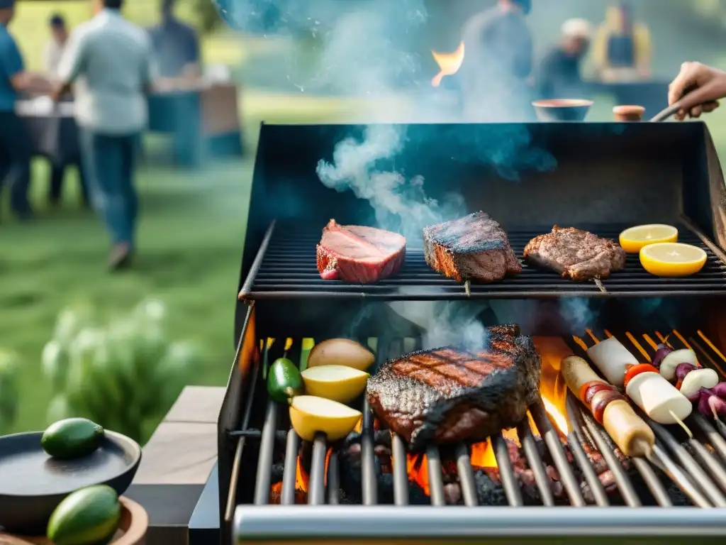 Un asado uruguayo sostenible en el campo, con gente diversa alrededor de la parrilla, lleno de detalles vibrantes y texturas ricas