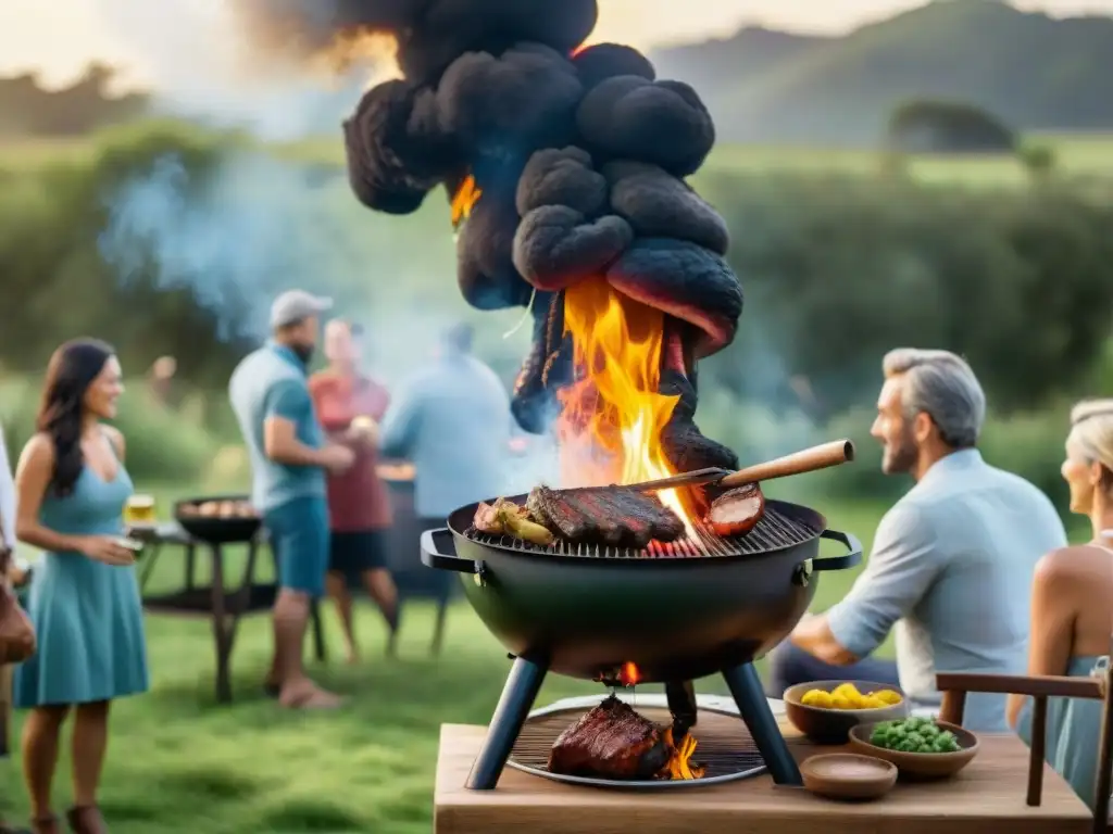 Un asado uruguayo sostenible en el campo, con personas diversas disfrutando alrededor de la parrilla al atardecer