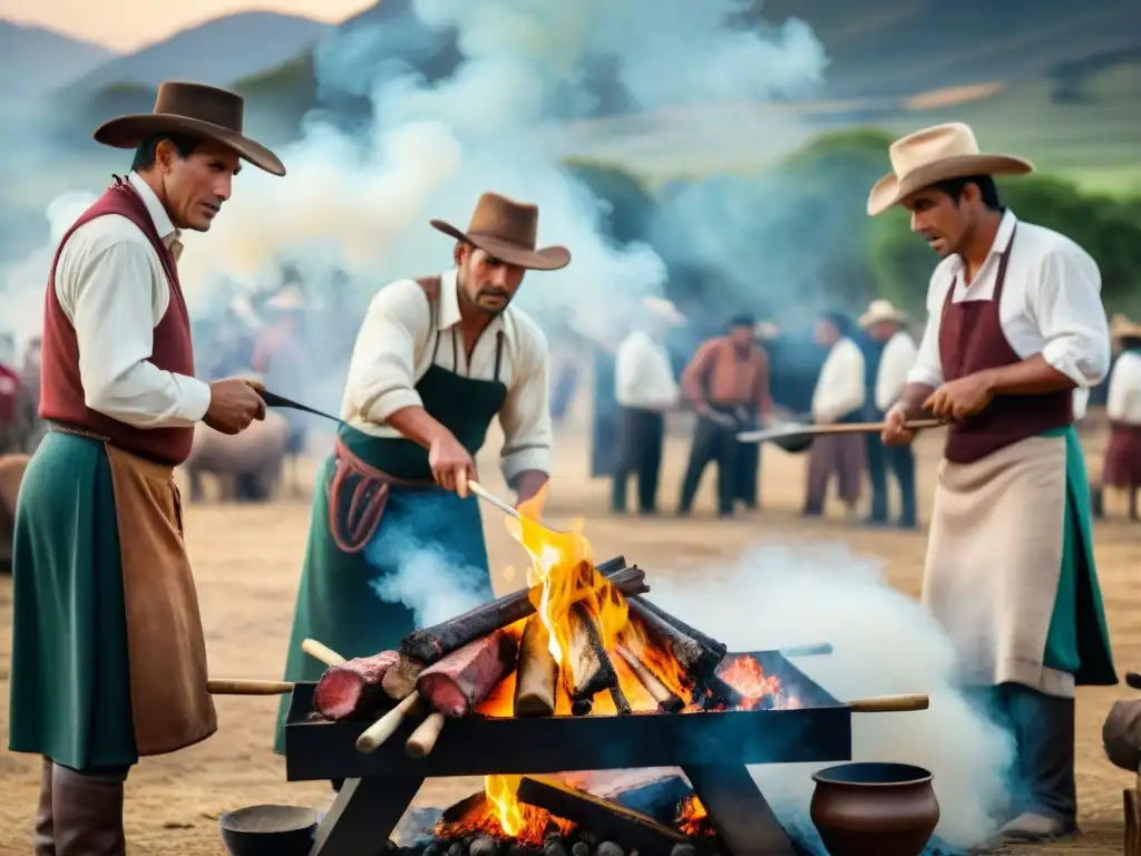 Un asado uruguayo sostenible: gauchos preparan carne a la parrilla en la campiña, entre humo y tradición