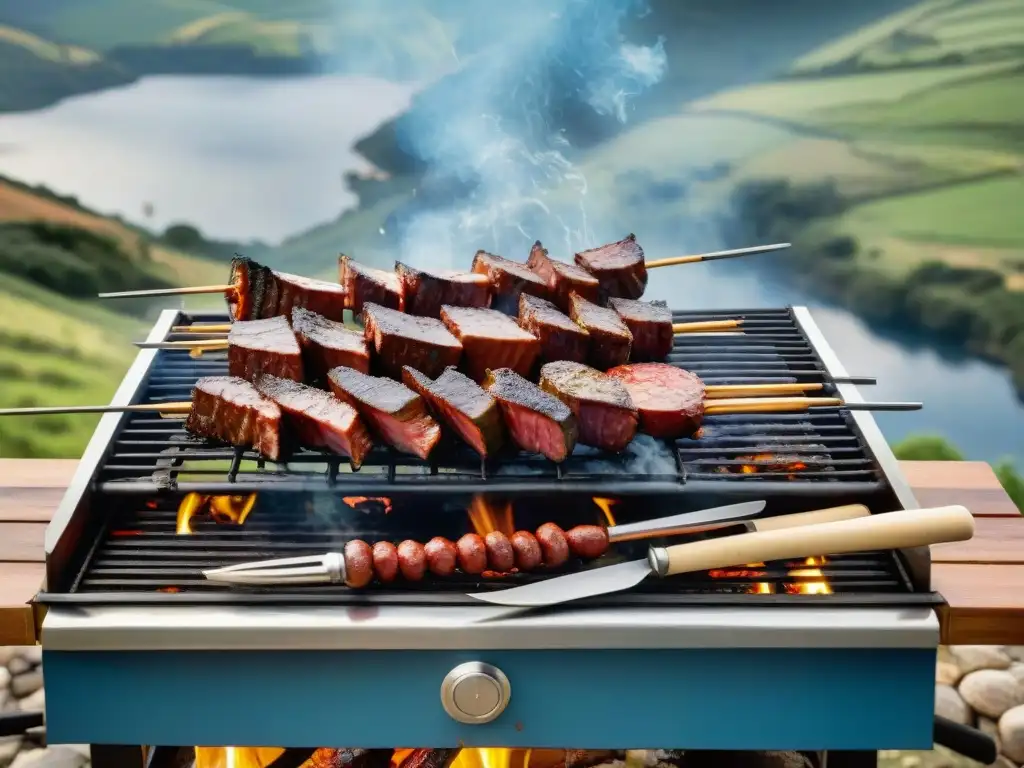 Un asado uruguayo sostenible en la naturaleza: parrilla llena de carnes, paisaje verde y cielo azul