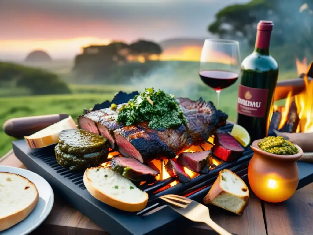 Un asado uruguayo sustentable en medio de un paisaje campestre al atardecer, con deliciosas carnes a la parrilla, chimichurri y vino Tannat