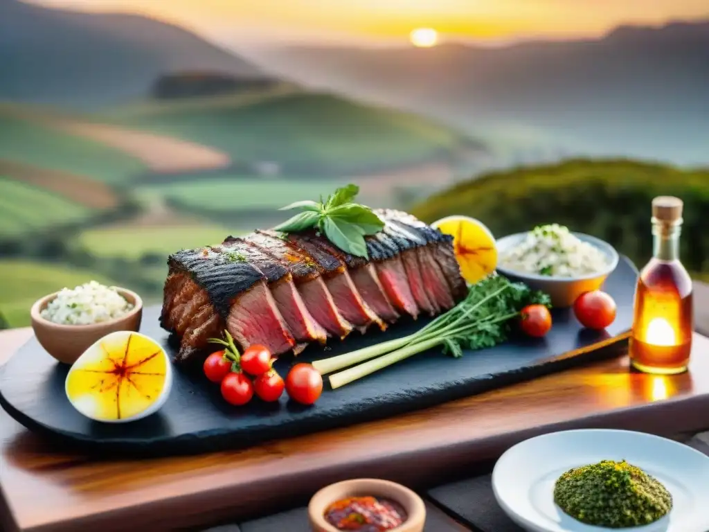 Un asado uruguayo sustentable con recetas y maridaje, en un entorno campestre bajo el atardecer dorado