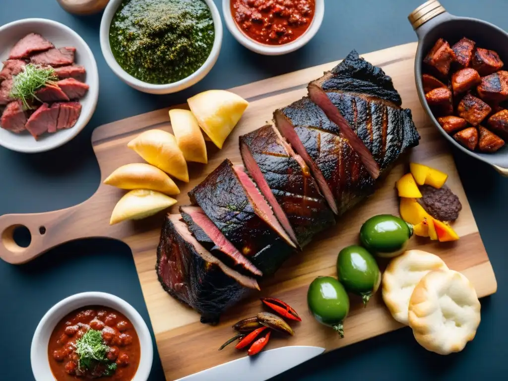 Presentación del asado uruguayo en una tabla de madera con carne a la parrilla, chimichurri, chorizo y empanadas