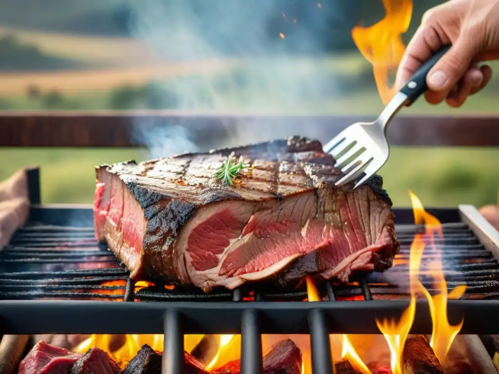 Un asado uruguayo con técnicas avanzadas: carne en la parrilla, chef experto y paisaje campestre al atardecer