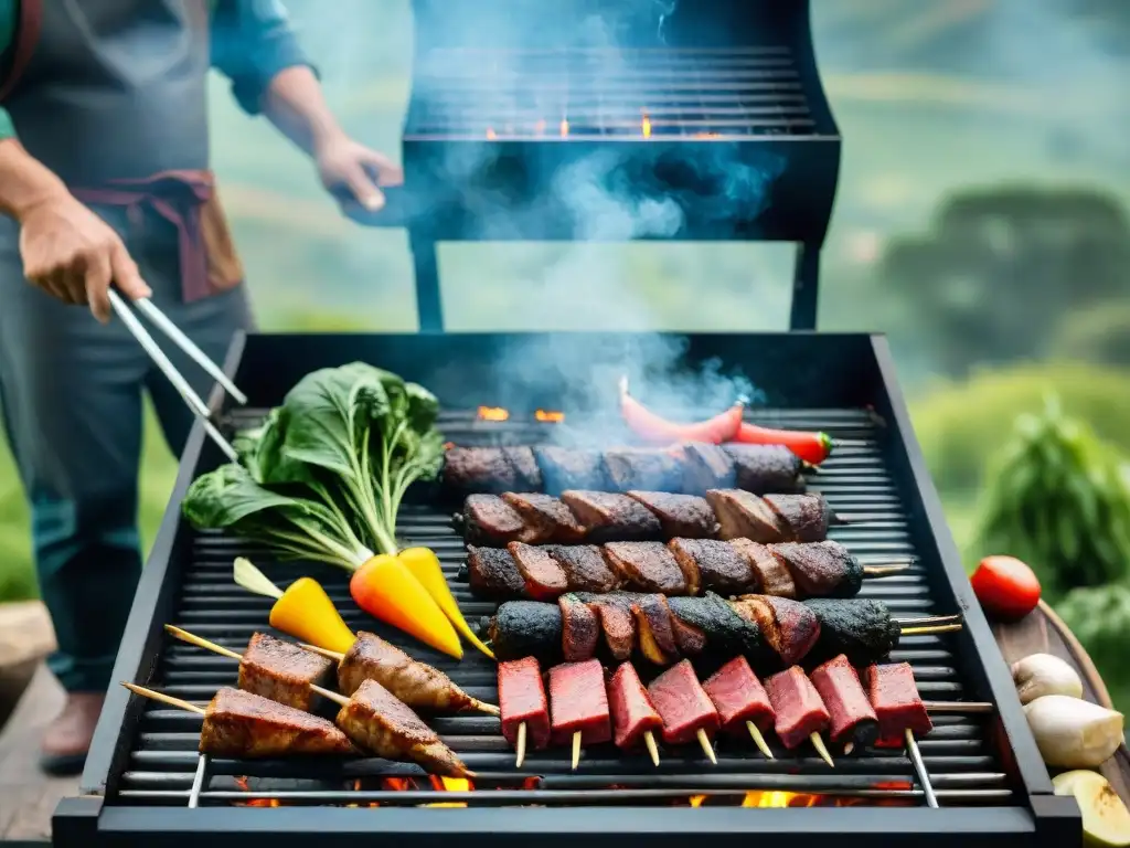 Preparación de asado uruguayo con técnicas ecológicas en un entorno campestre vibrante