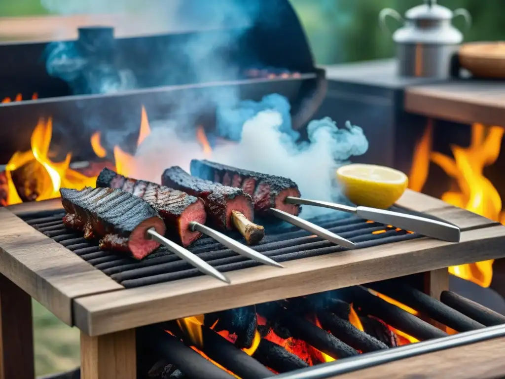 Un asado uruguayo tradicional con accesorios de alta calidad en una mesa rústica al aire libre bajo el sol