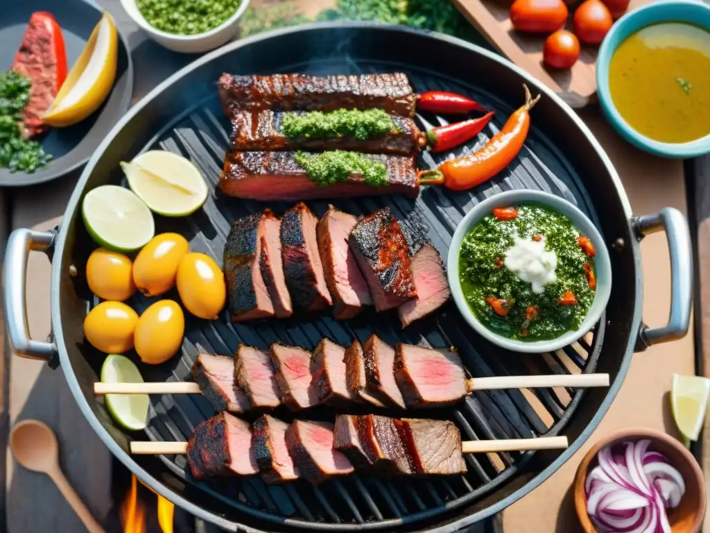 Un asado uruguayo tradicional con aguja asándose, chimichurri colorido y vegetales frescos, listo para disfrutar al aire libre